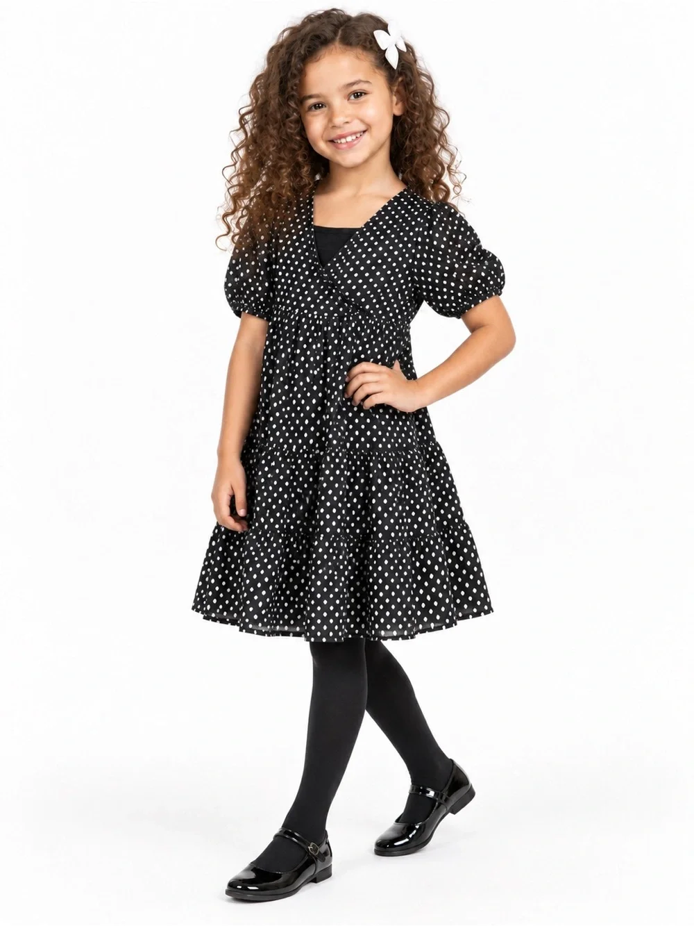 Zara Kids Black Silver Metallic Dot Tiered Wrap Dress Size 8⁠